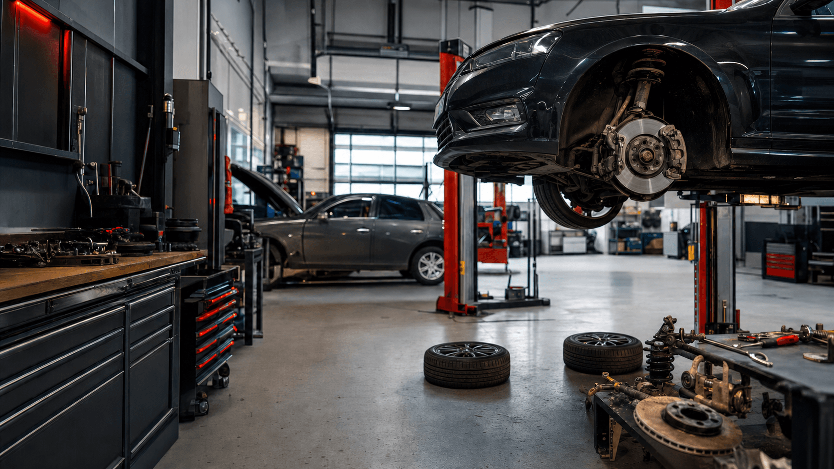 Car with an exposed brake assembly raised on a lift in a professional garage